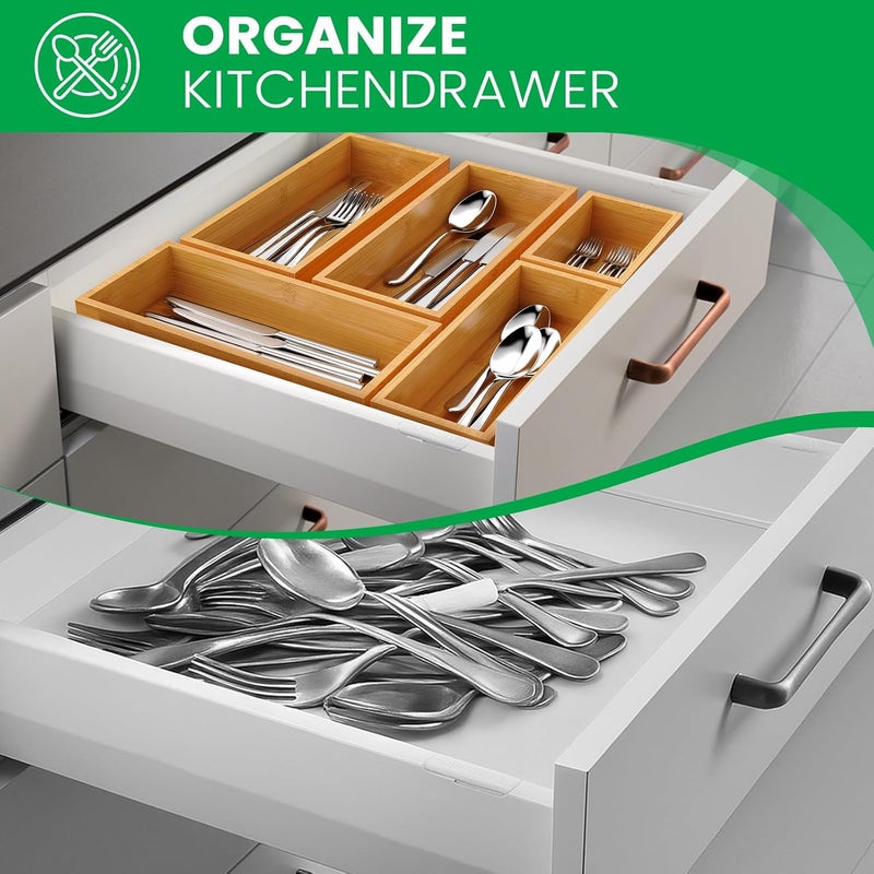 Bayting Bamboo Drawer Organizer Set, 5-Piece Storage Trays for Kitchen, Bathroom, Office Desk, Makeup & Junk Drawers,Utensils - Image 4